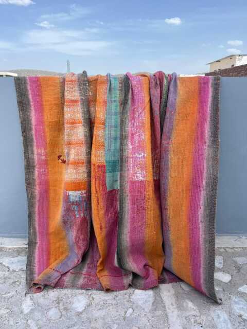 Cotton Kantha Quilt Block Print Patchwork Reversible Handmade Artistic Bedspread - image 1