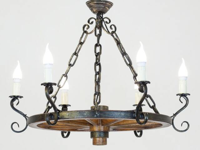 Rustic Cartwheel Chandelier - Wrought Iron Wooden Country Lamp Ko??o 60 6S - image 1