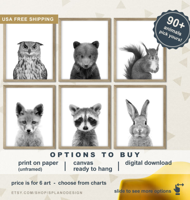 Woodland Animal Nursery Prints Black & White, Forest Baby Nursery, Canvas, Decor - image 1