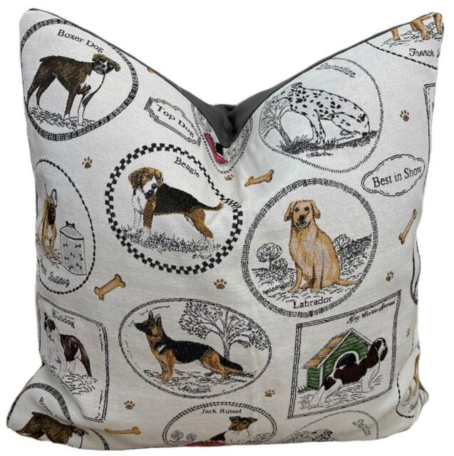 Woven Dog Breed Cushion Cover, Grey Velvet Back - image 1
