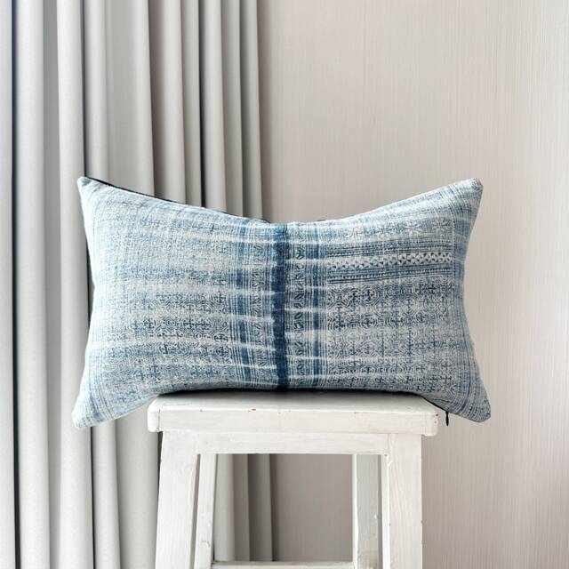 "Vintage Hmong Pillow Cover Indigo Hand Block Print, Hemp Cushion - 12"" X 20" - image 1