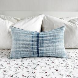 "Vintage Hmong Pillow Cover Indigo Hand Block Print, Hemp Cushion - 12"" X 20" - thumbnail 2