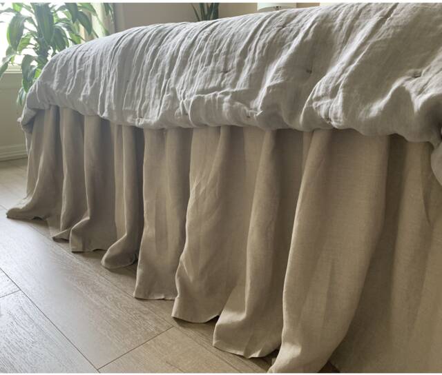 Natural Linen Bed Skirt in Dark Linen Shade, Dust Ruffles, Skirts, Skirt, Shabby Chic Bedding - image 1