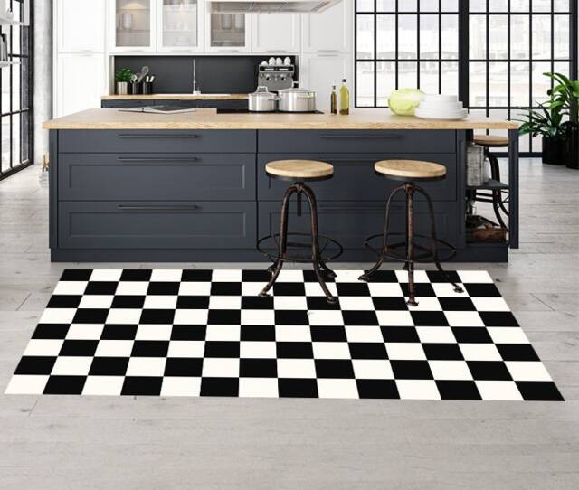 Black & White Vinyl Mat.art Mat.mat Floors.vinyl Floor Mat.pvc Rug.vinyl Rug.kitchen Rug. Linoleum Rug.checkerboard Pattern Mat.floor Mat - image 1