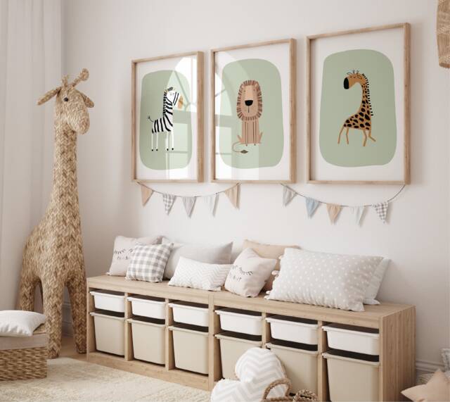 Safari Nursery Wall Prints, Decor, Boho Set Of 3 Green Art, Neutral Art - image 1
