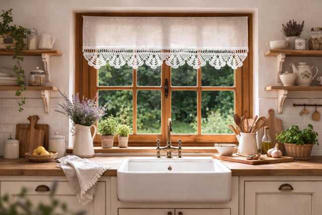 "Crochet Cotton Lace Cafe Curtain, Shabby Chic Boho ""Fan" - image 1