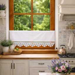 "Crochet Cotton Lace Cafe Curtain, Shabby Chic Boho ""Fan" - thumbnail 3