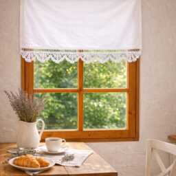 "Crochet Cotton Lace Cafe Curtain, Shabby Chic Boho ""Fan" - thumbnail 4