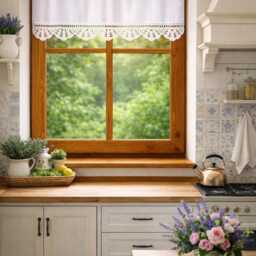"Crochet Cotton Lace Cafe Curtain, Shabby Chic Boho ""Fan" - thumbnail 2