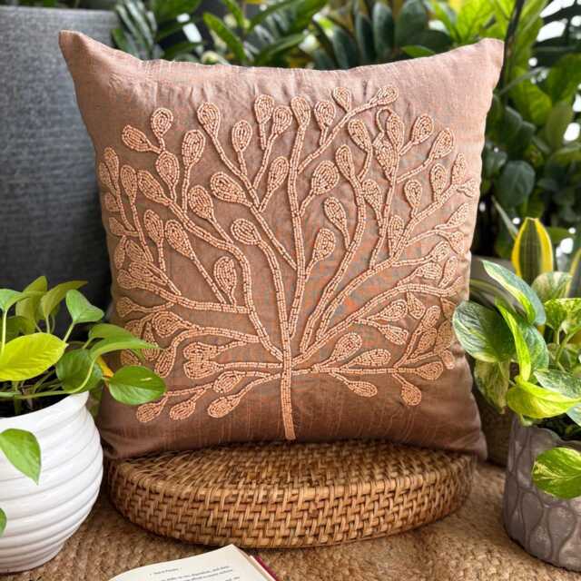 Dark Peach Orange Beaded Nature & Floral Art Silk Contemporary Throw Pillow Cover - My Wish Tree - image 1