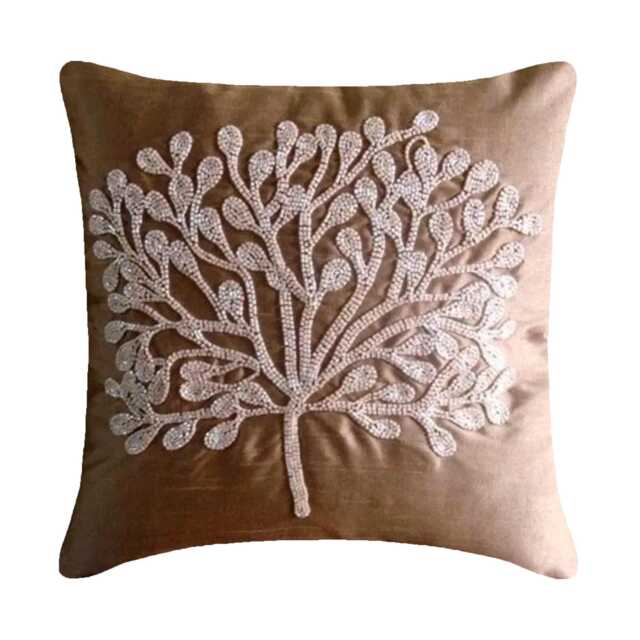 "Dark Peach Orange Beaded Nature & Floral Art Silk Throw Pillow Cover, 16""x16" - image 1
