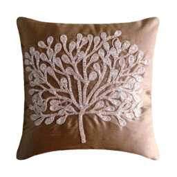 "Dark Peach Orange Beaded Nature & Floral Art Silk Throw Pillow Cover, 16""x16" - thumbnail 1
