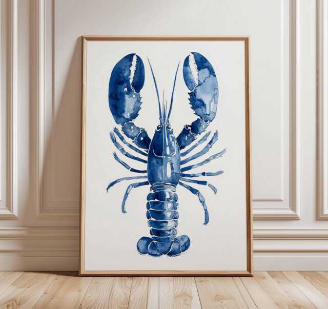 Blue Lobster Wall Art Print, Nautical Coastal Decor, Ocean Animal Poster, Beach House Artwork, Modern Marine Life Illustration - image 1