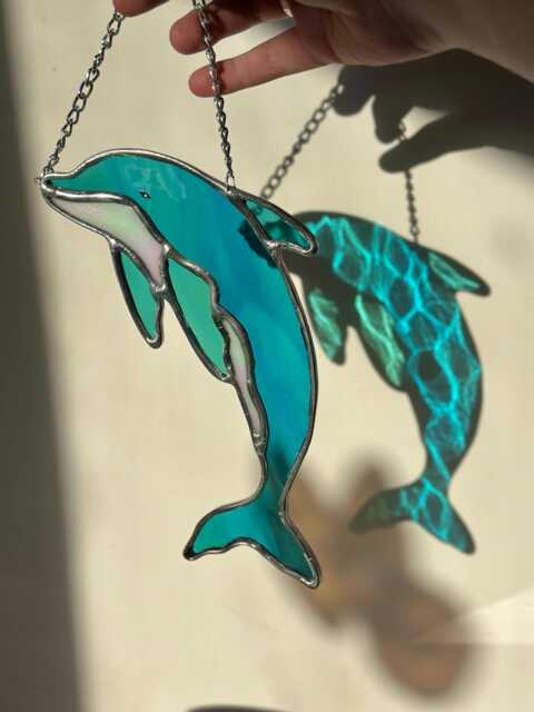 stained Glass Iridescent Dolphin Suncatcher - Art Whale Wall Decor Coastal Water Colour Gifts Ocean Sea - image 1