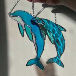 stained Glass Iridescent Dolphin Suncatcher - Art Whale Wall Decor Coastal Water Colour Gifts Ocean Sea - thumbnail 3