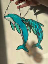stained Glass Iridescent Dolphin Suncatcher - Art Whale Wall Decor Coastal Water Colour Gifts Ocean Sea - thumbnail 1
