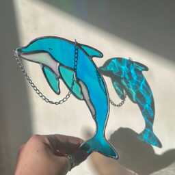 stained Glass Iridescent Dolphin Suncatcher - Art Whale Wall Decor Coastal Water Colour Gifts Ocean Sea - thumbnail 4