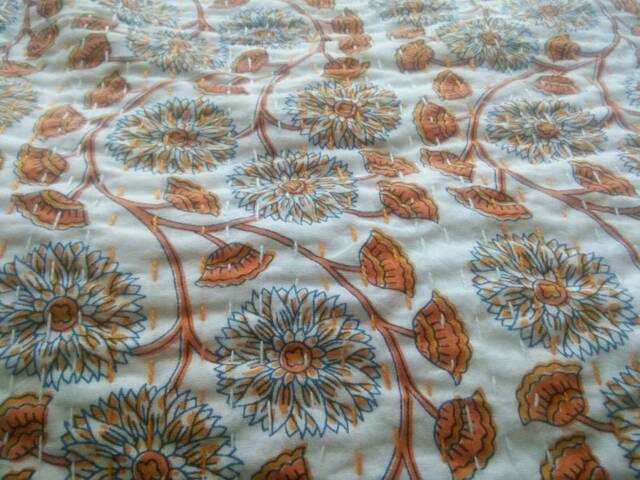 Block Print Kantha Quilt, Floral Bedspread, Indian Bed Cover - image 1