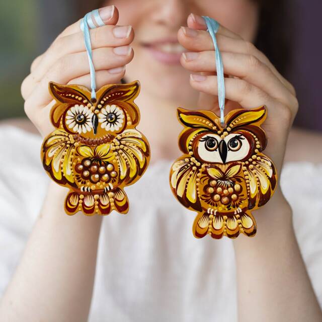 Owl Ornament Christmas Bird Hand Painted Ornaments, Wooden Ornaments Handmade, Ukrainian With Petrylivka Art - image 1