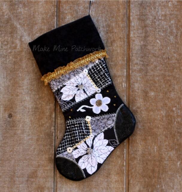 Personalized Black & White Christmas Stocking, Victorian Crazy Patchwork, Ruffles, Bead Button Trims, Fully Lined, Handmade - image 1