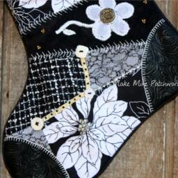 Personalized Black & White Christmas Stocking, Victorian Crazy Patchwork, Ruffles, Bead Button Trims, Fully Lined, Handmade - thumbnail 3