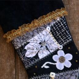 Personalized Black & White Christmas Stocking, Victorian Crazy Patchwork, Ruffles, Bead Button Trims, Fully Lined, Handmade - thumbnail 2