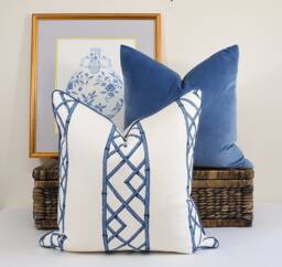 Chinoiserie Blue Bamboo Trellis Cushion Off-White Pillow Cover Designer Fabric Latticely - thumbnail 1