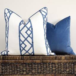Chinoiserie Blue Bamboo Trellis Cushion Off-White Pillow Cover Designer Fabric Latticely - thumbnail 2
