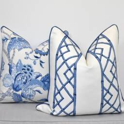 Chinoiserie Blue Bamboo Trellis Cushion Off-White Pillow Cover Designer Fabric Latticely - thumbnail 4