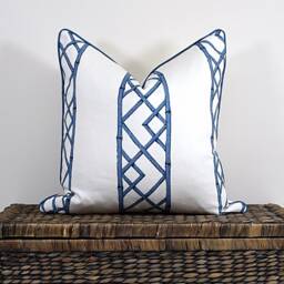 Chinoiserie Blue Bamboo Trellis Cushion Off-White Pillow Cover Designer Fabric Latticely - thumbnail 3