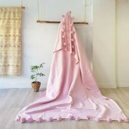Pink Moroccan Pom Throw Blanket, Bohemian Decor Bedcover, Blanket Sofa, Blanket, Throw Blanket With Tassels - thumbnail 3