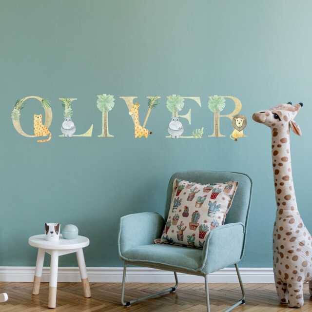 Watercolour Jungle Animal Wall Sticker - Animals On A-Z Letters Personalised Text Decal Art - image 1