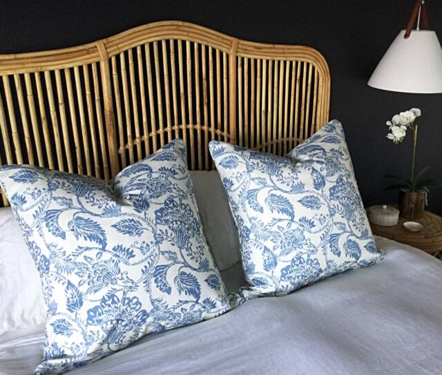 Powder Blue Floral Linen Cushion Cover Jacobean Floral, Hamptons Style - image 1
