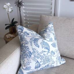 Powder Blue Floral Linen Cushion Cover Jacobean Floral, Hamptons Style - thumbnail 2