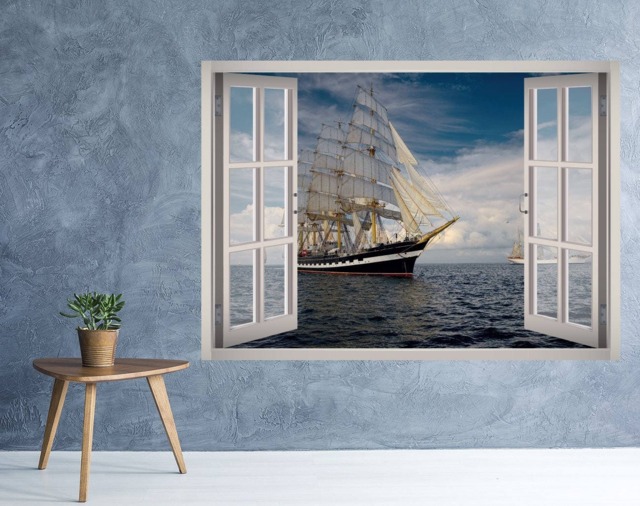 Boat Ocean View Window 3D Wall Decal Art Removable Wallpaper Sailing Mural Sticker Vinyl Home Decor - image 1