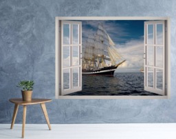 Boat Ocean View Window 3D Wall Decal Art Removable Wallpaper Sailing Mural Sticker Vinyl Home Decor - thumbnail 1