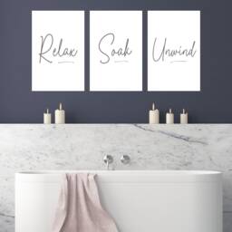 Set Of 3 Bathroom Prints, Relax Soak Unwind, Grey Decor, Marble Black & White Wall Art - thumbnail 3