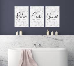 Set Of 3 Bathroom Prints, Relax Soak Unwind, Grey Decor, Marble Black & White Wall Art - thumbnail 1