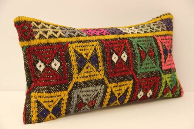 Vintage Turkish Kilim Pillow Cover, Wool Lumbar Cushion - 10x20 - image 1