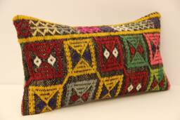 Vintage Turkish Kilim Pillow Cover, Wool Lumbar Cushion - 10x20 - thumbnail 1