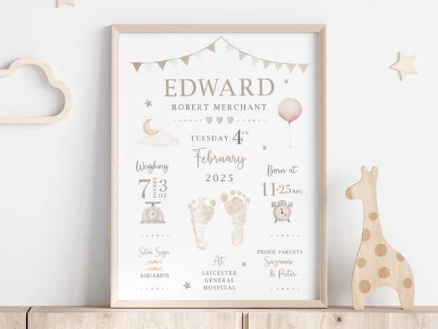 Personalised New Baby Gift, Keepsake Neutral Nursery Decor, Print Boys, Birth Stats Print - image 1