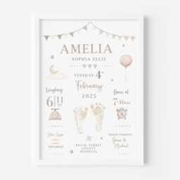 Personalised New Baby Gift, Keepsake Neutral Nursery Decor, Print Boys, Birth Stats Print - thumbnail 2