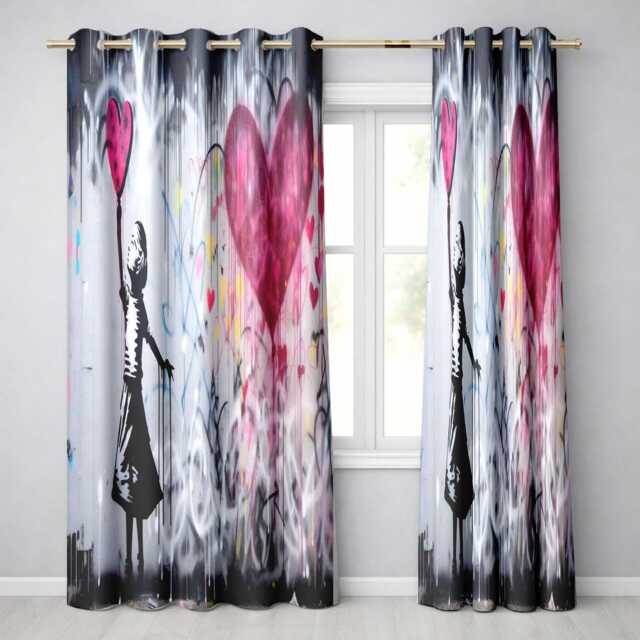 Girl Reaching For Pink Heart Balloon Street Art Vibrant Artwork Bedroom Decor Readymade Eyelet Ring Top Thermal 100% Blackout Curtains - image 1