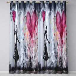 Girl Reaching For Pink Heart Balloon Street Art Vibrant Artwork Bedroom Decor Readymade Eyelet Ring Top Thermal 100% Blackout Curtains - thumbnail 3
