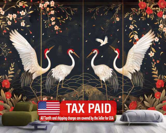 White Cranes Wallpaper Mural, Chinoiserie Art Print, Peel & Stick Decal - image 1