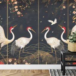 White Cranes Wallpaper Mural, Chinoiserie Art Print, Peel & Stick Decal - thumbnail 3