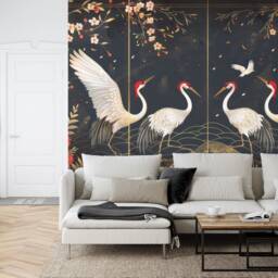 White Cranes Wallpaper Mural, Chinoiserie Art Print, Peel & Stick Decal - thumbnail 2