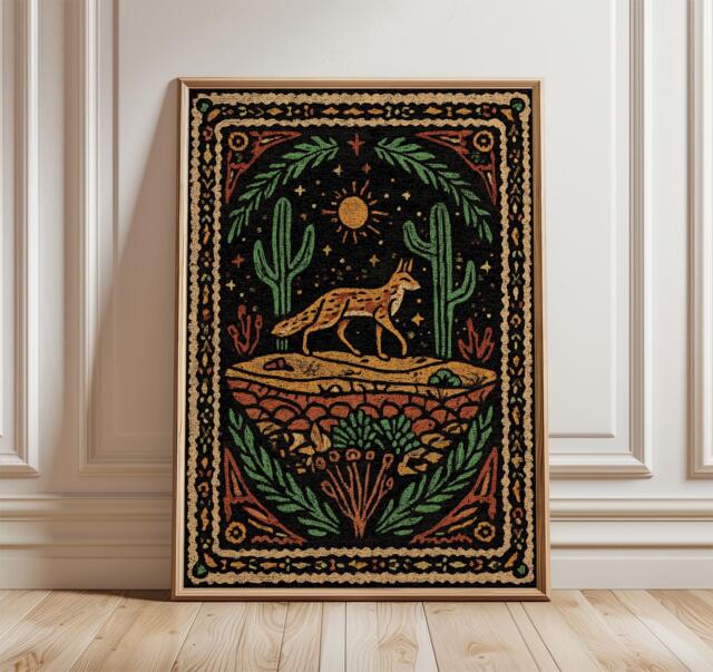 Desert Fox Art Print, Southwestern Tapestry Poster, Boho Night Sky Wall Art, Rustic Nature Illustration - image 1
