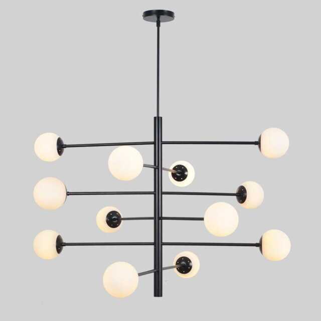 Mid Century Sputnik Chandelier - 12 Matte White Glass Globes, Black & Brass - image 1