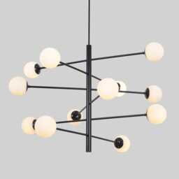 Mid Century Sputnik Chandelier - 12 Matte White Glass Globes, Black & Brass - thumbnail 2